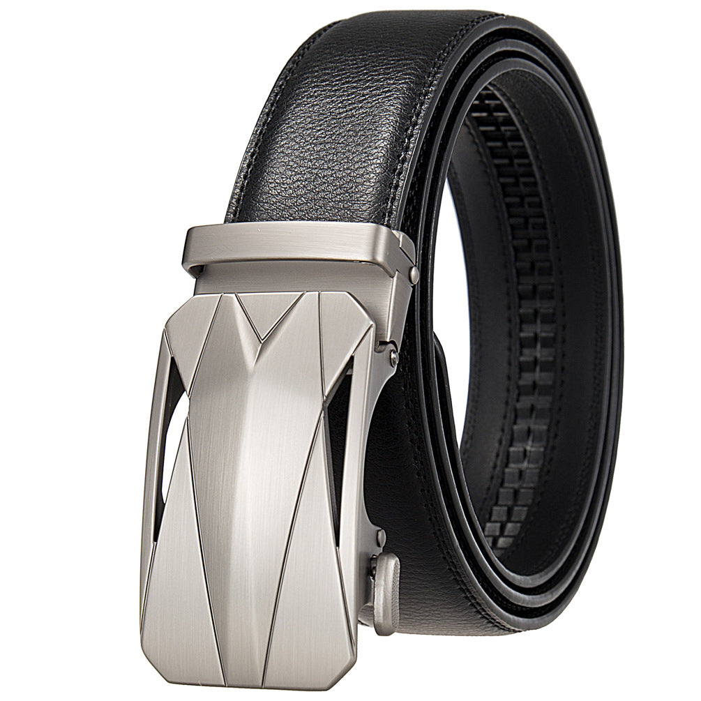 Ceinture homme Tom Cuir noire avec boucle automatique argentée au design géométrie