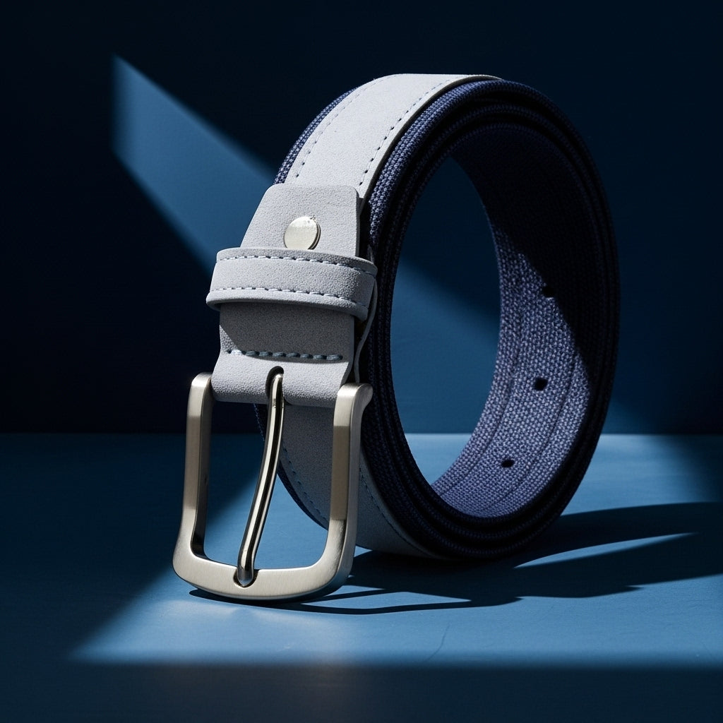 Ceinture TonyBleu pour homme en daim texturé gris clair avec doublure bleu marine et boucle ardillon rectangulaire argentée. #fullwidth
