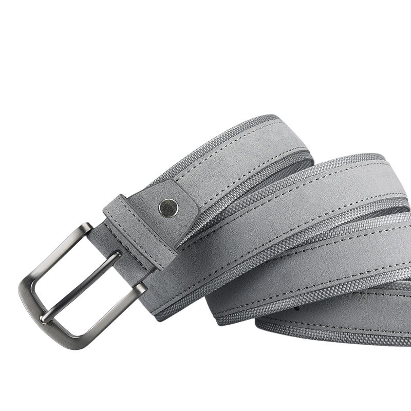 Ceinture en daim gris pour homme, marque TonyBleu, avec boucle argentée et finitions en tissu Oxford, style décontracté.
