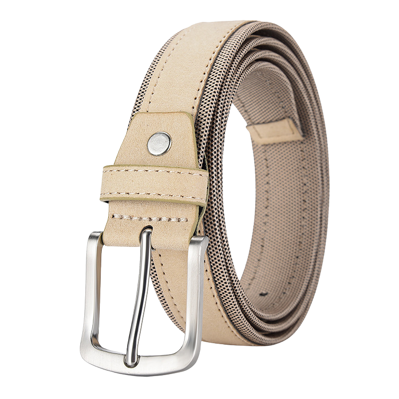 Ceinture TonyBleu beige en daim texturé pour homme, avec boucle ardillon rectangulaire argentée et finitions en tissu Oxford. Style décontracté et élégant.