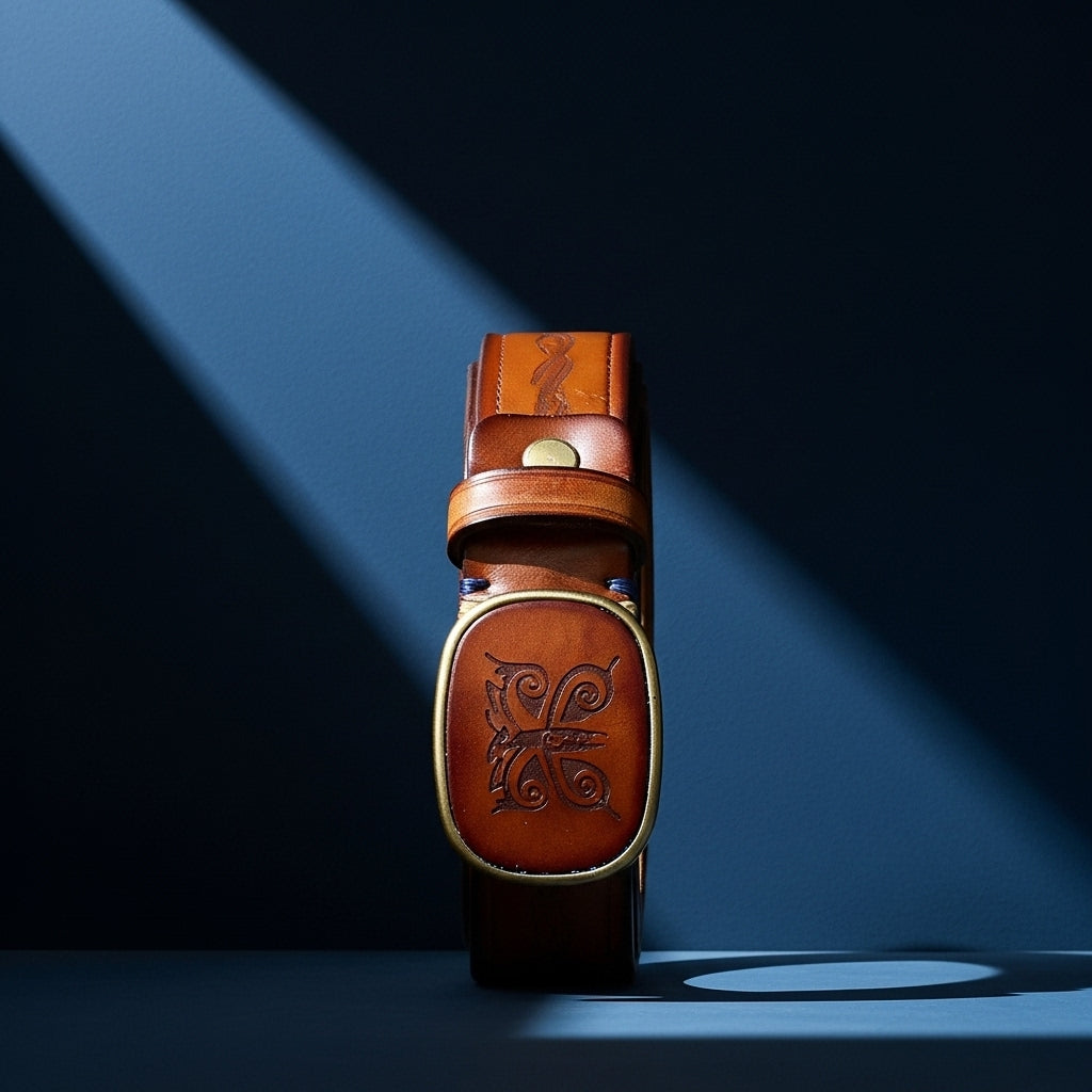 Ceinture Totem d’Acier pour homme en cuir marron clair gravé, avec une boucle ovale en cuivre doré vieilli ornée d'un motif ethnique. #fullwidth