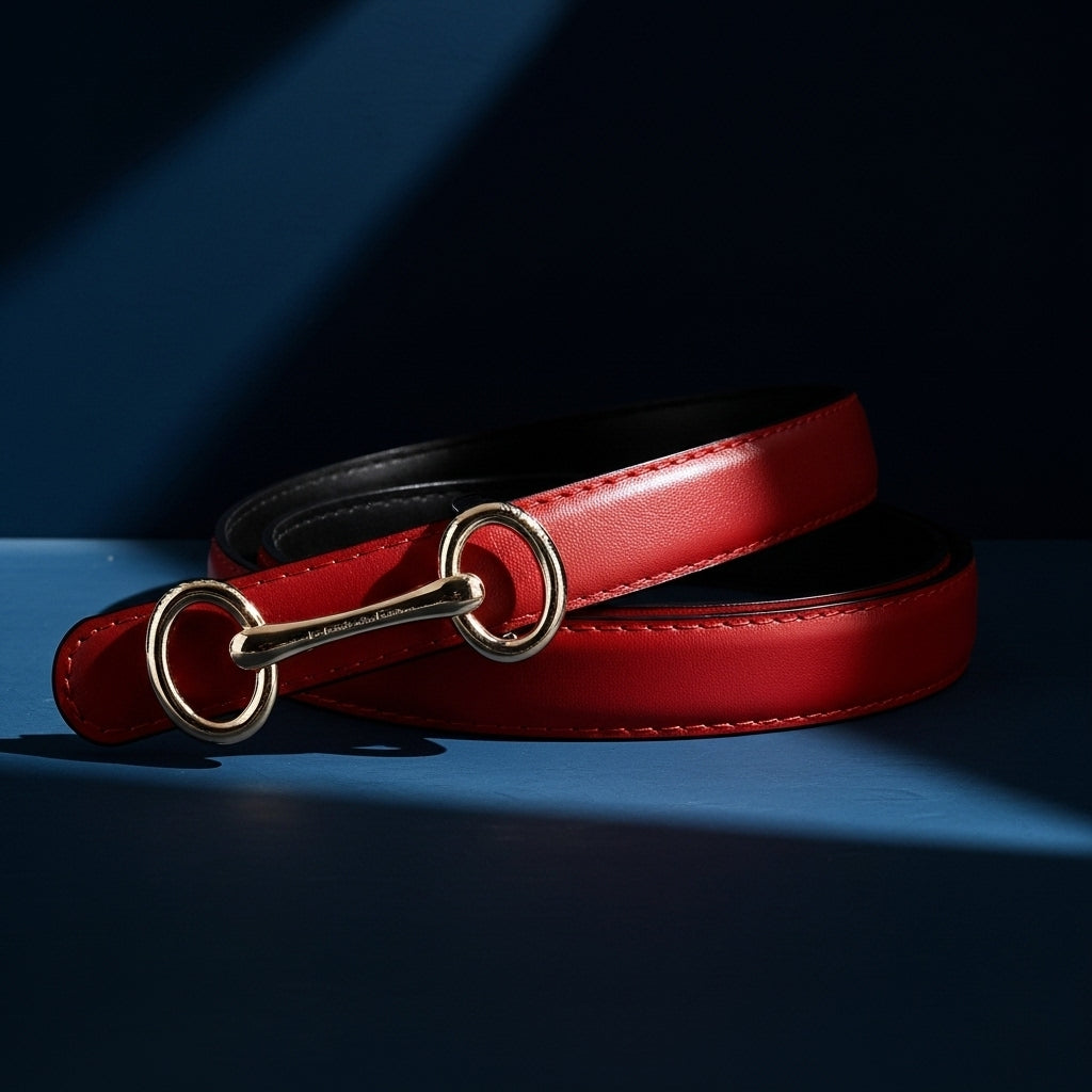 Ceinture fine rouge en cuir pleine fleur pour femme, avec boucle dorée forme mors de cheval, sur fond bleu #fullwidth