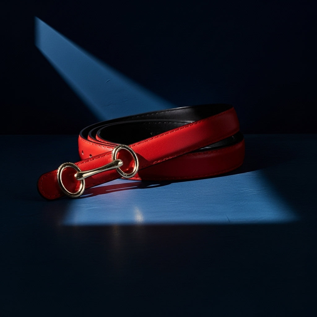 Ceinture fine rouge en cuir pour femme, avec une boucle dorée en forme de mors de cheval, sur un fond bleu sombre #fullwidth