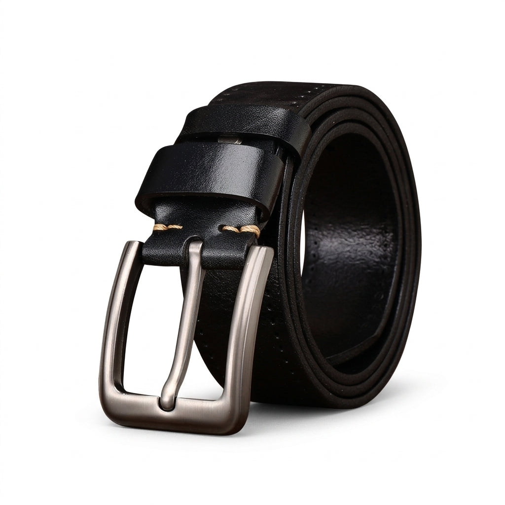Ceinture homme Trégor en cuir pleine fleur noir avec boucle ardillon en alliage argenté vieilli et surpiqûres apparentes