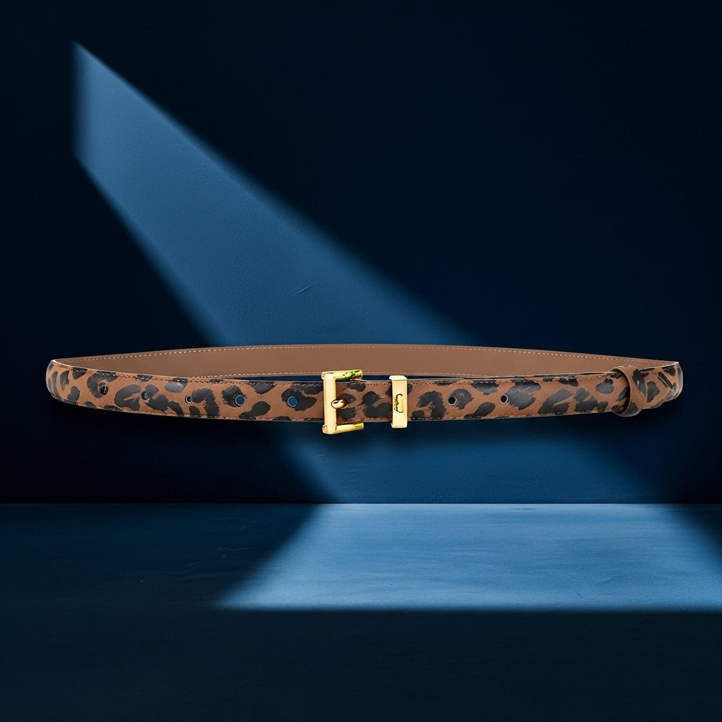Ceinture fine Trésor en cuir refendu avec imprimé léopard discret et boucle ardillon rectangulaire dorée sur fond bleu #fullwidth