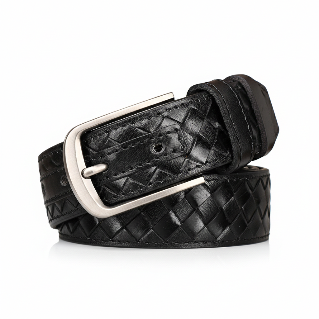 Ceinture pour homme Tressence en cuir noir tressé à la main avec boucle ardillon argentée mate