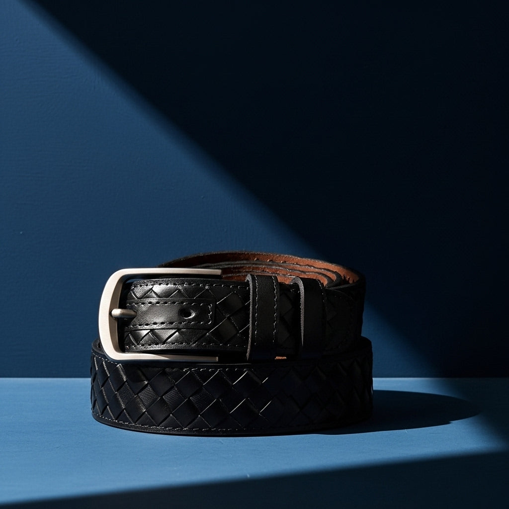 Ceinture Tressence noire pour homme en cuir tressé à la main avec boucle ardillon argentée mate #fullwidth