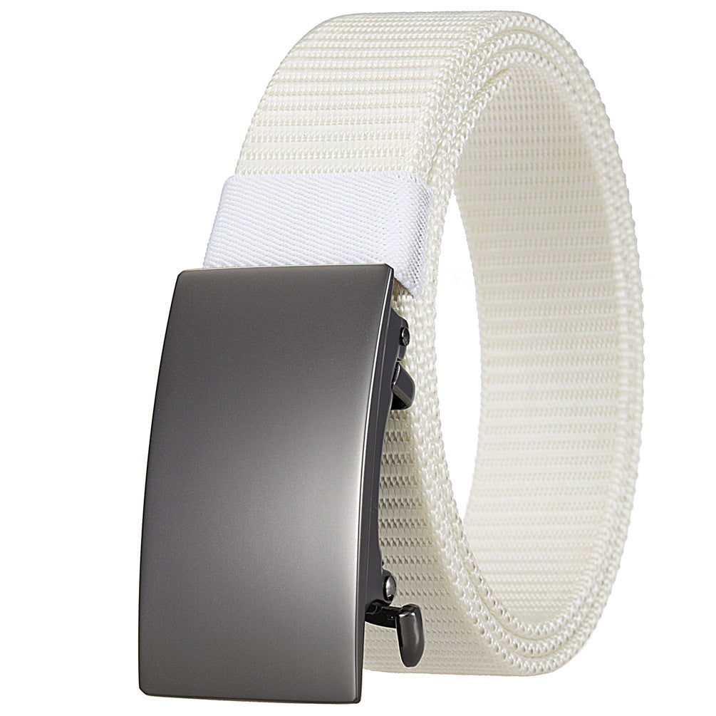 Ceinture Tresson homme blanche en tissu avec boucle automatique rectangulaire grise sans dents #fullwidth