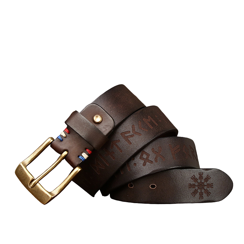 Ceinture Tricolore Cuir marron foncé pour homme, en cuir de vachette avec boucle ardillon dorée, coutures tricolores et gravure de runes