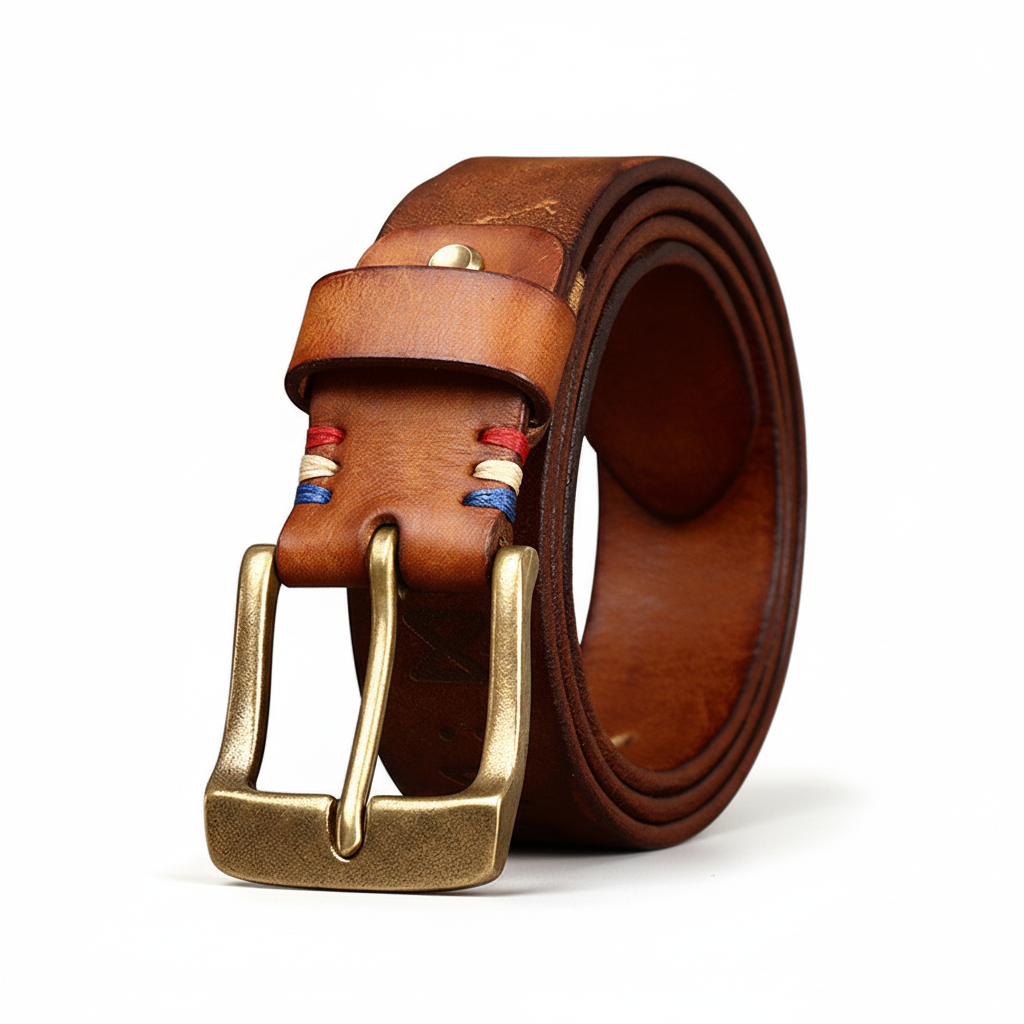 Ceinture Tricolore Cuir pour homme en cuir de vachette couleur chameau, avec boucle ardillon en cuivre doré et coutures tricolores rouge, blanc et bleu à l'entrée de boucle.