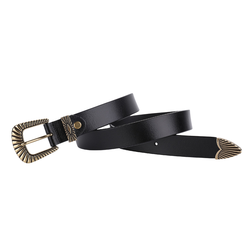 Ceinture femme Triomphe en cuir noir avec boucle ardillon fer à cheval gravée et embout doré style vintage.
