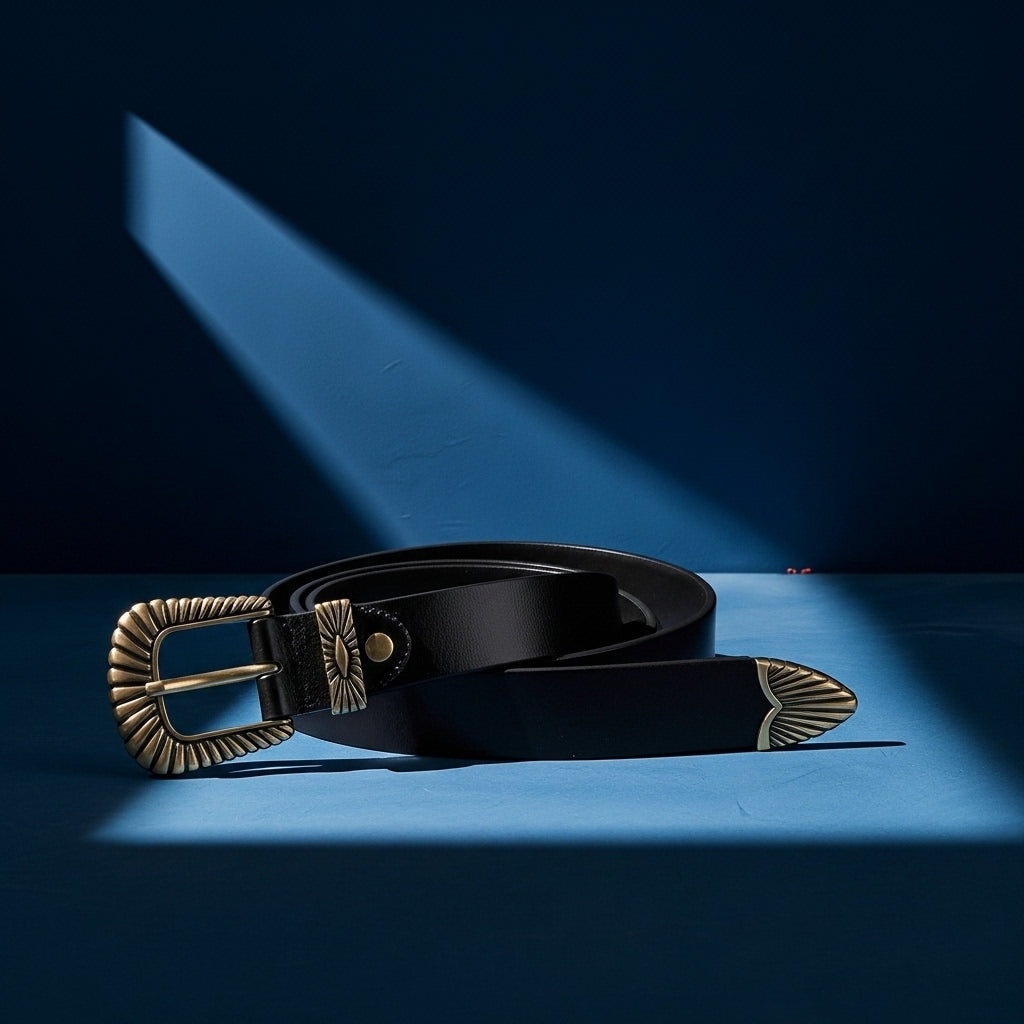 Ceinture pour femme Triomphe en cuir noir avec boucle ardillon vintage gravée en métal doré et embout assorti, sur fond bleu #fullwidth