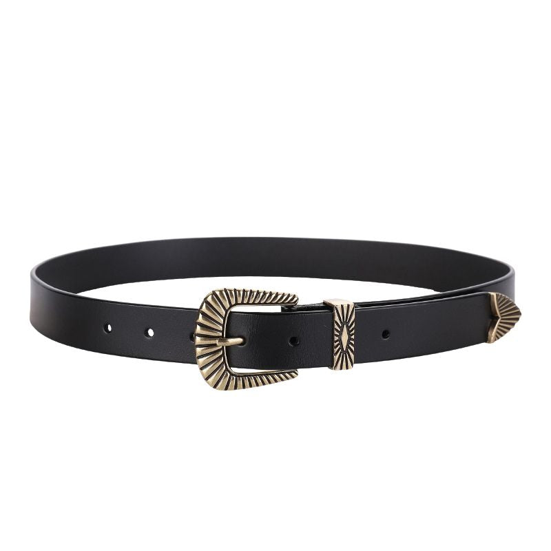Ceinture femme Triomphe en cuir noir avec boucle ardillon fer à cheval gravé en métal doré style vintage.