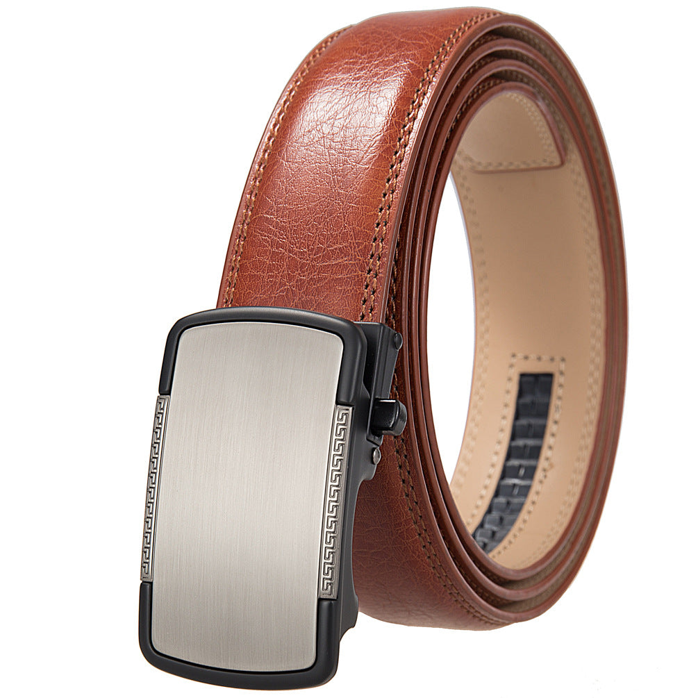 Ceinture homme Tuilerie 60 en cuir marron clair avec boucle automatique argentée mate et décorations géométriques