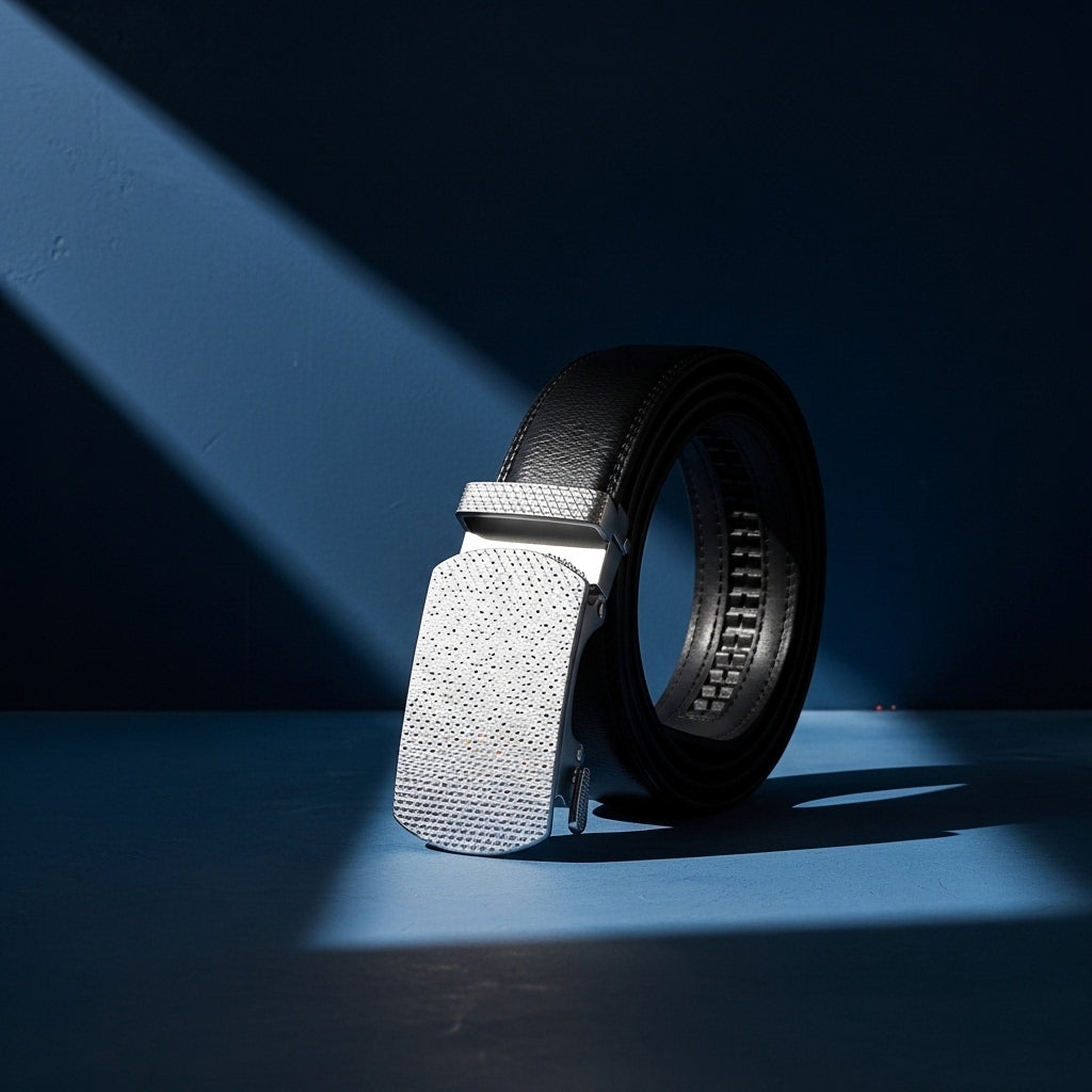 Ceinture pour homme Turbigo 20 en cuir de vachette noir avec boucle automatique rectangulaire en métal argenté et finition texturée #fullwidth