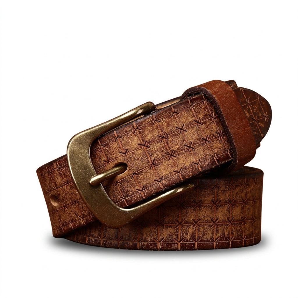 Ceinture homme Turenne en cuir pleine fleur de vachette marron avec gaufrage géométrique, patine vieillie et boucle ardillon en cuivre doré antique
