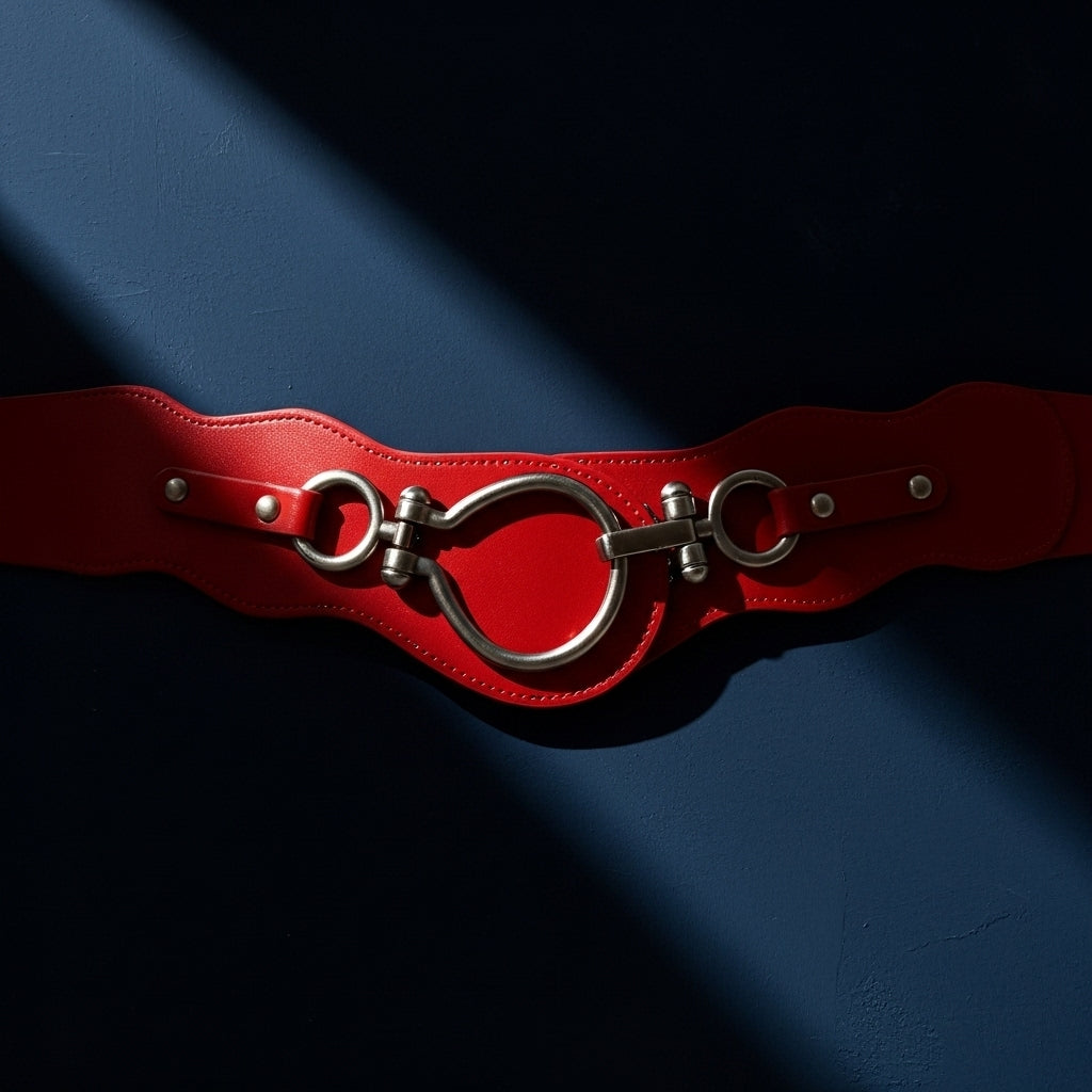 Ceinture rouge large pour femme Uline en cuir refendu finition daim, avec boucle argentée vieillie en forme de mors de cheval et système de fermeture original. #fullwidth