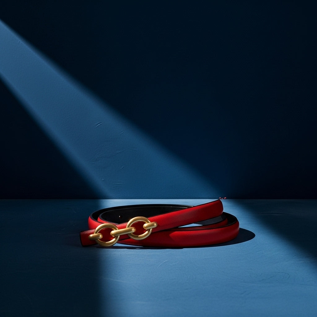 Ceinture rouge femme Unique en cuir refendu avec boucle ovale dorée entrelacée, posée sur un fond bleu nuit avec un éclairage diagonal #fullwidth