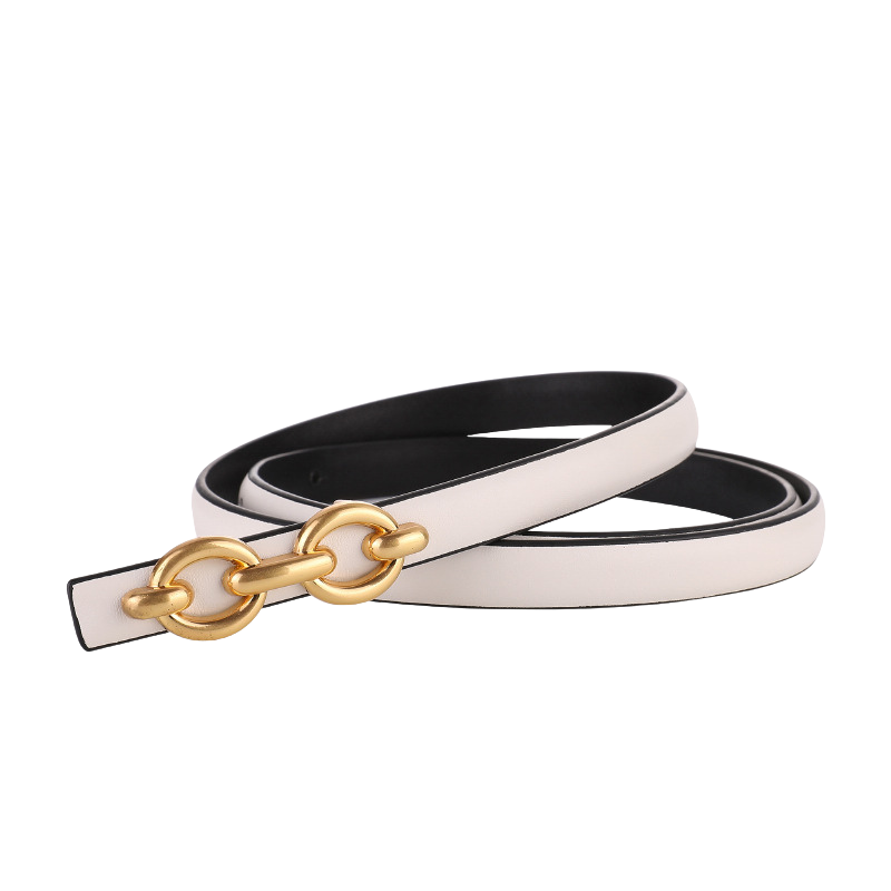 Ceinture femme Unique blanche en cuir refendu avec boucle dorée chaînette ovale entrelacée.