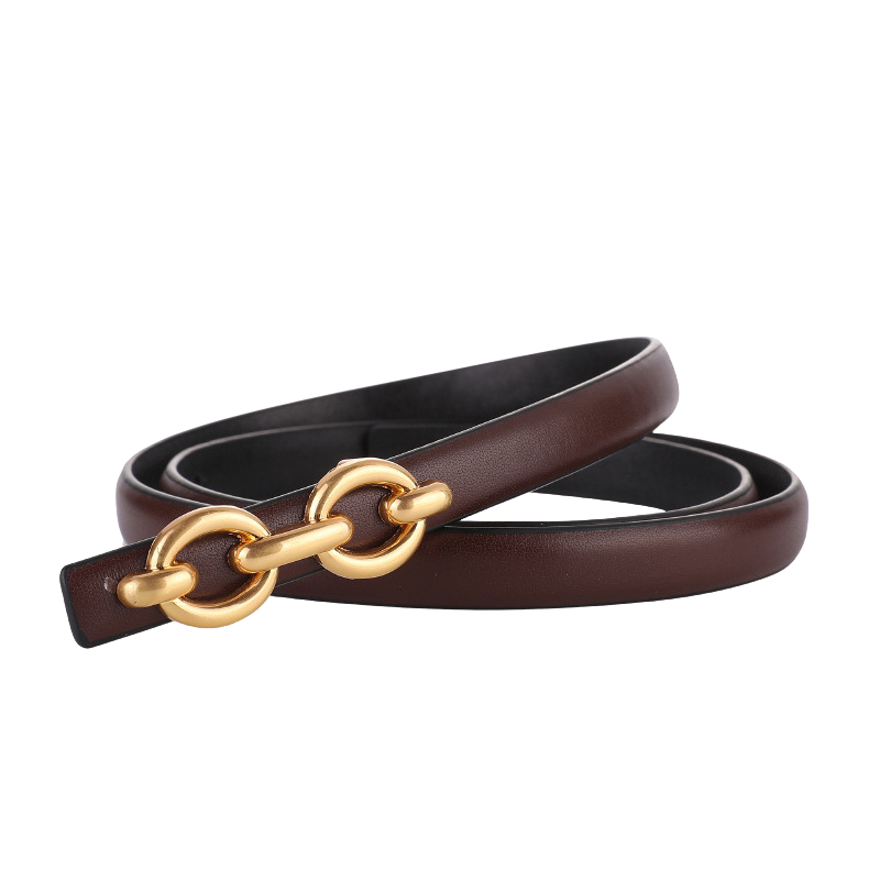 Ceinture femme Unique en cuir refendu marron avec boucle chaîne dorée ovale entrelacée.
