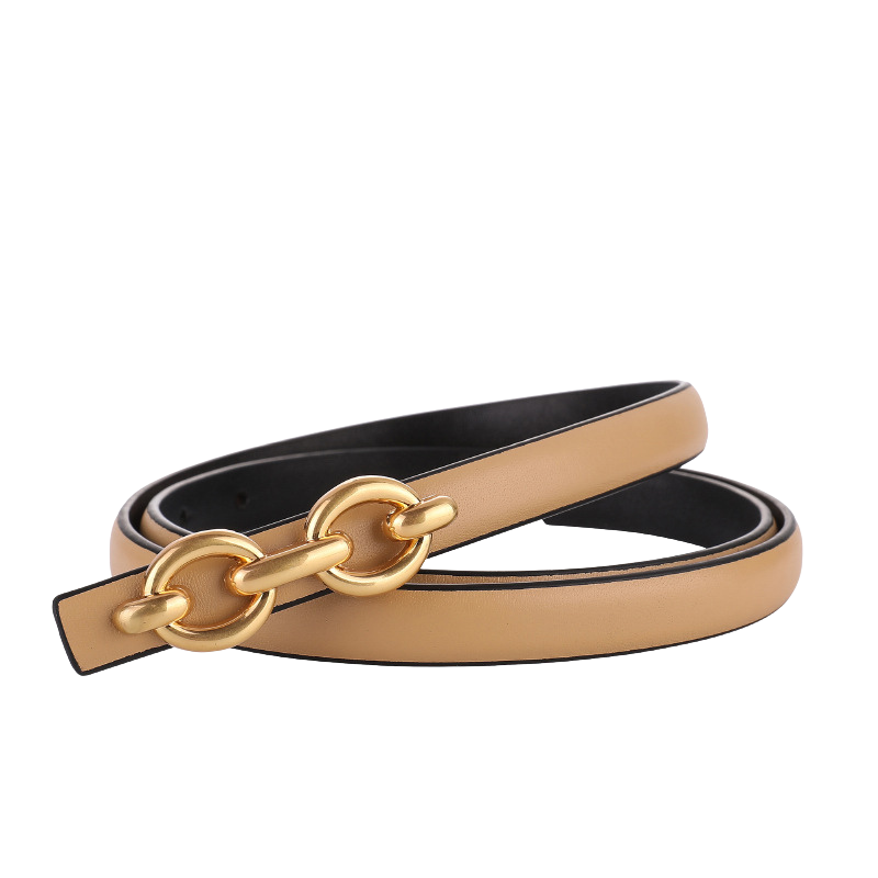 Ceinture femme Unique en cuir beige avec boucle dorée ovale entrelacée.