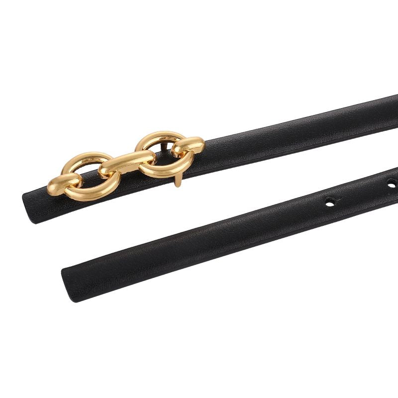 Ceinture noire pour femme, modèle Unique, avec une boucle dorée en forme de chaînettes entrelacées.