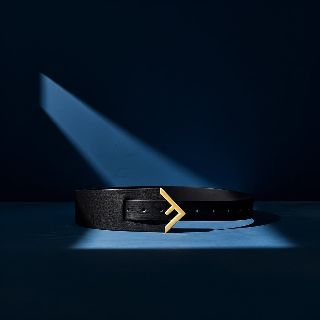 Ceinture Ursule noire en cuir refendu avec boucle géométrique dorée #fullwidth