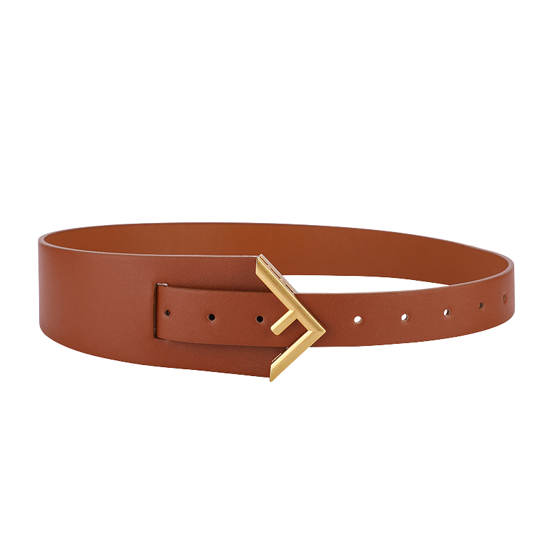 Ceinture femme Ursule en cuir refendu marron avec boucle dorée géométrique angulaire et traitement daim, largeur 6,3 cm.