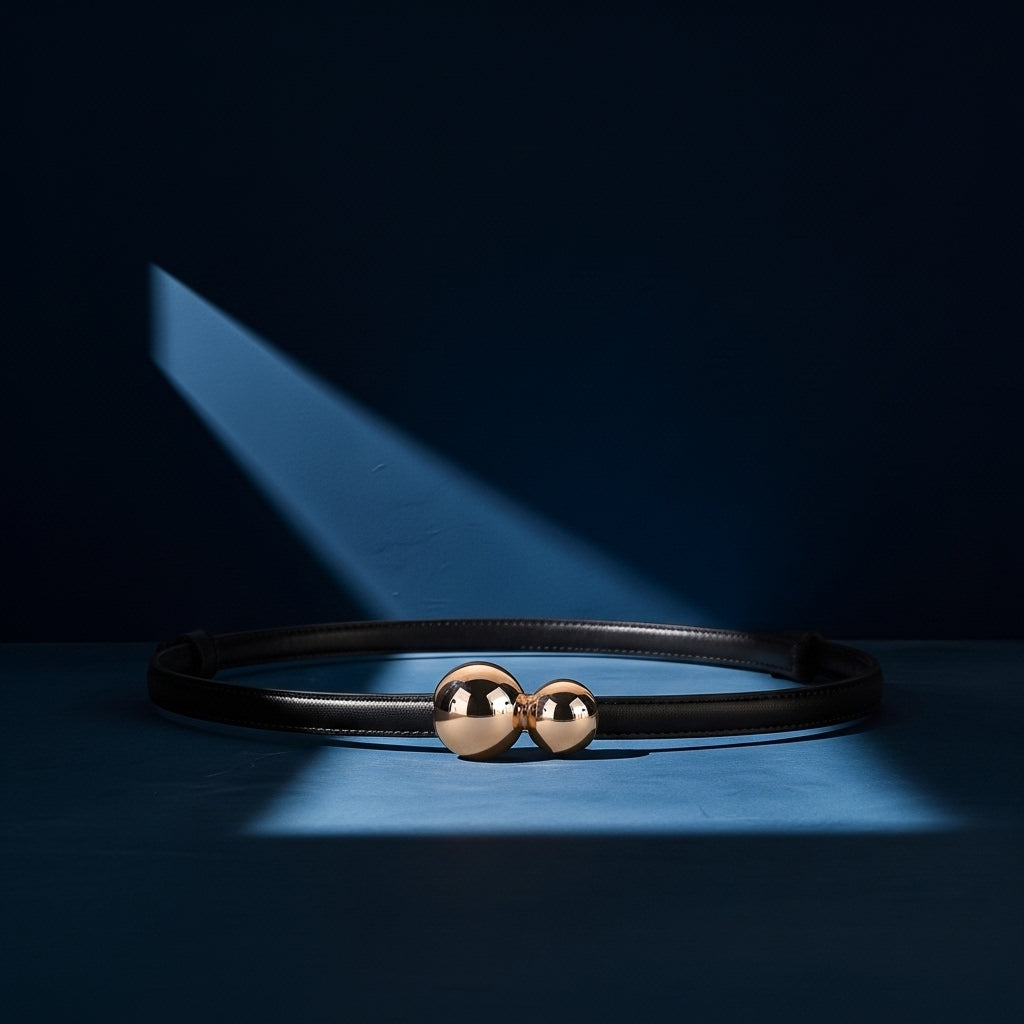 Ceinture fine noire Ursuline en cuir pleine fleur avec fermoir décoratif à deux boules dorées #fullwidth