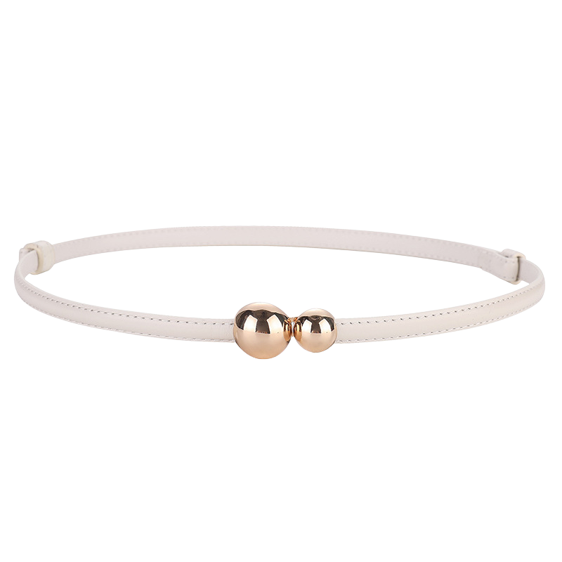 Ceinture fine Ursuline en cuir blanc avec deux boules dorées décoratives, fermeture sans boucle, idéale pour souligner la taille sur une robe ou un manteau.