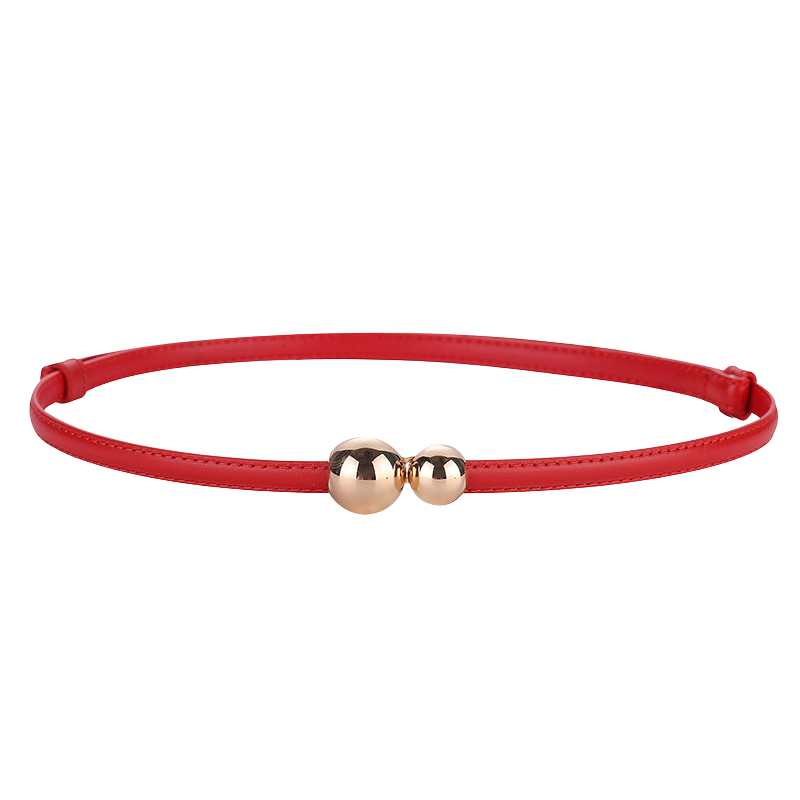 Ceinture fine rouge Ursuline en cuir avec deux boules décoratives dorées au centre, vue de face.