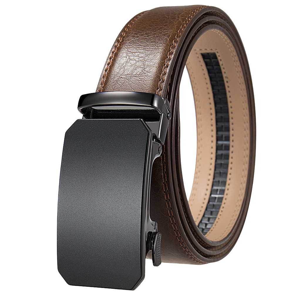 Ceinture pour homme Valentin 2 en cuir de vachette marron avec boucle automatique noire mate et système sans trous.