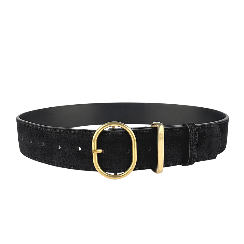 Ceinture femme Valérie 1 noire en cuir de vachette refendu avec traitement daim, boucle ardillon ovale allongée dorée. Largeur 4.2 cm.