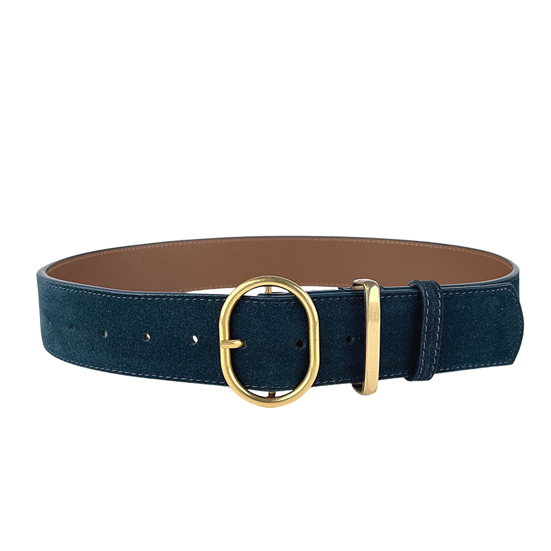 Ceinture femme Valérie 1 en cuir bleu avec boucle ovale dorée et finition daim