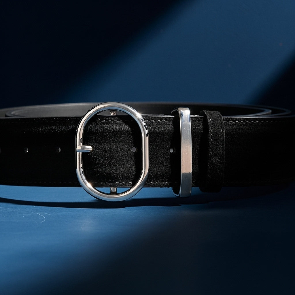 Ceinture femme Valérie 2 noire en cuir de vachette refendu, finition daim lisse, avec boucle ardillon ovale allongée argentée. #fullwidth