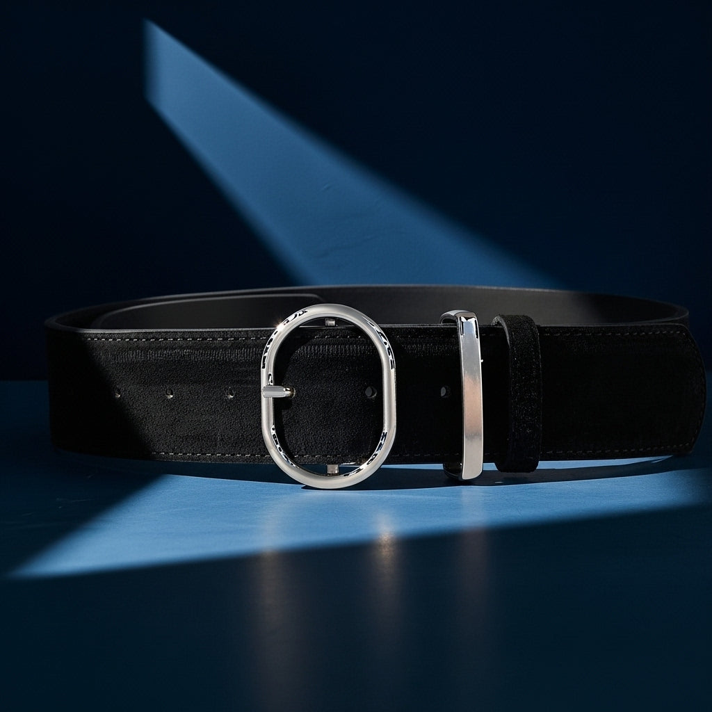 Ceinture femme Valérie 2 noire en cuir de vachette refendu façon daim, largeur 4.2 cm, avec boucle ardillon ovale allongée argentée. #fullwidth