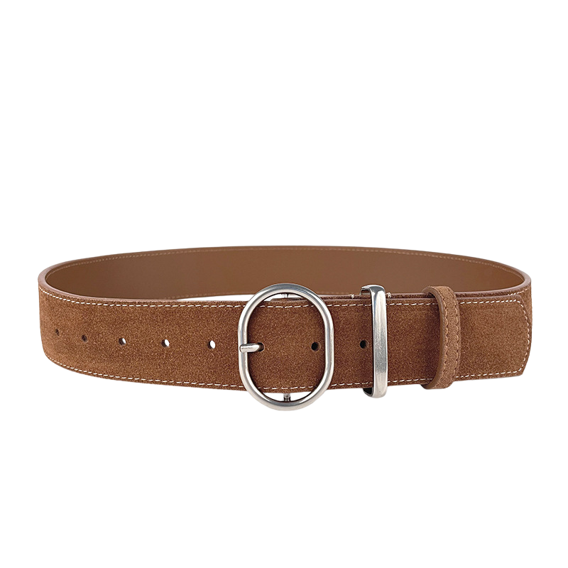 Ceinture femme Valérie 2 en cuir de vachette marron aspect daim, avec boucle ardillon ovale argentée. Largeur 4.2 cm.