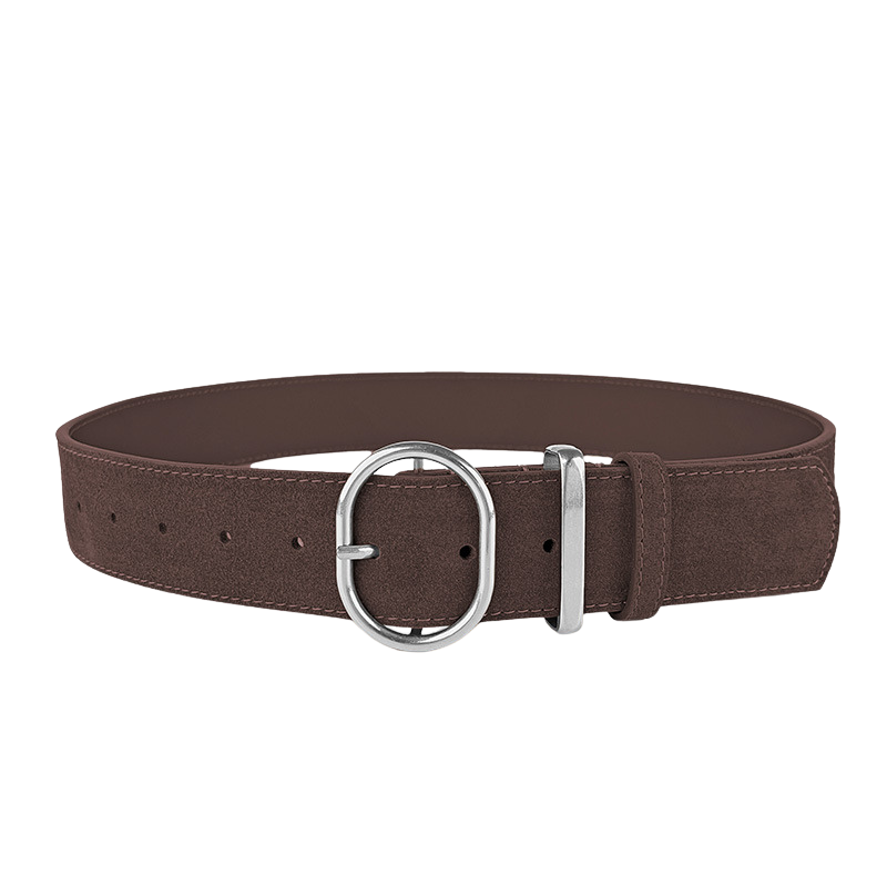 Ceinture femme Valérie 2 en cuir de vachette marron foncé aspect daim, avec boucle ardillon ovale argenté.