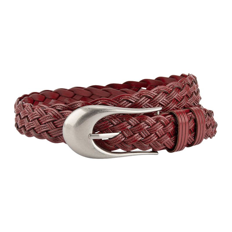 Ceinture femme Valeur en simili cuir tressé rouge avec boucle ardillon argent mat en forme de goutte d'eau.