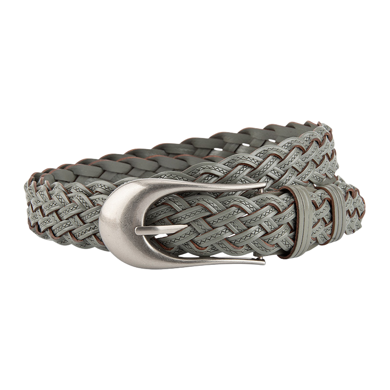 Ceinture femme Valeur grise tressée en simili cuir avec boucle ardillon argent mat en forme de goutte d'eau.