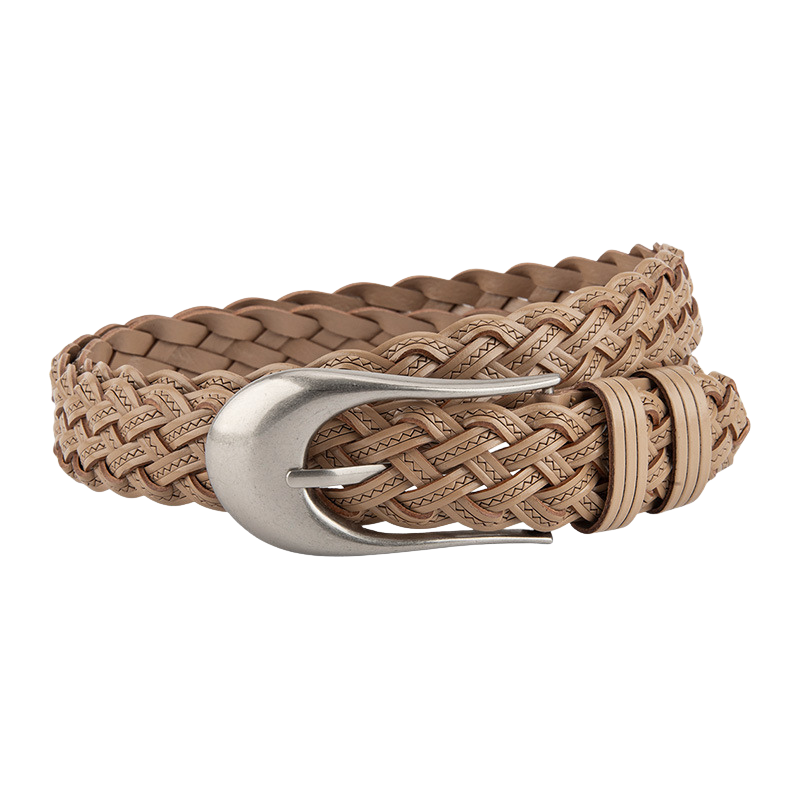 Ceinture femme Valeur beige en simili cuir tressé avec boucle argent mat en forme de goutte d'eau.