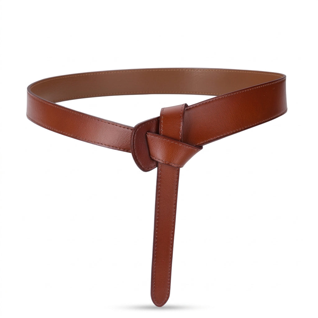 Ceinture femme Varenne en cuir de vachette marron lisse, accessoire ajustable à nouer sans boucle avec passant façon corset, design minimaliste et élégant.