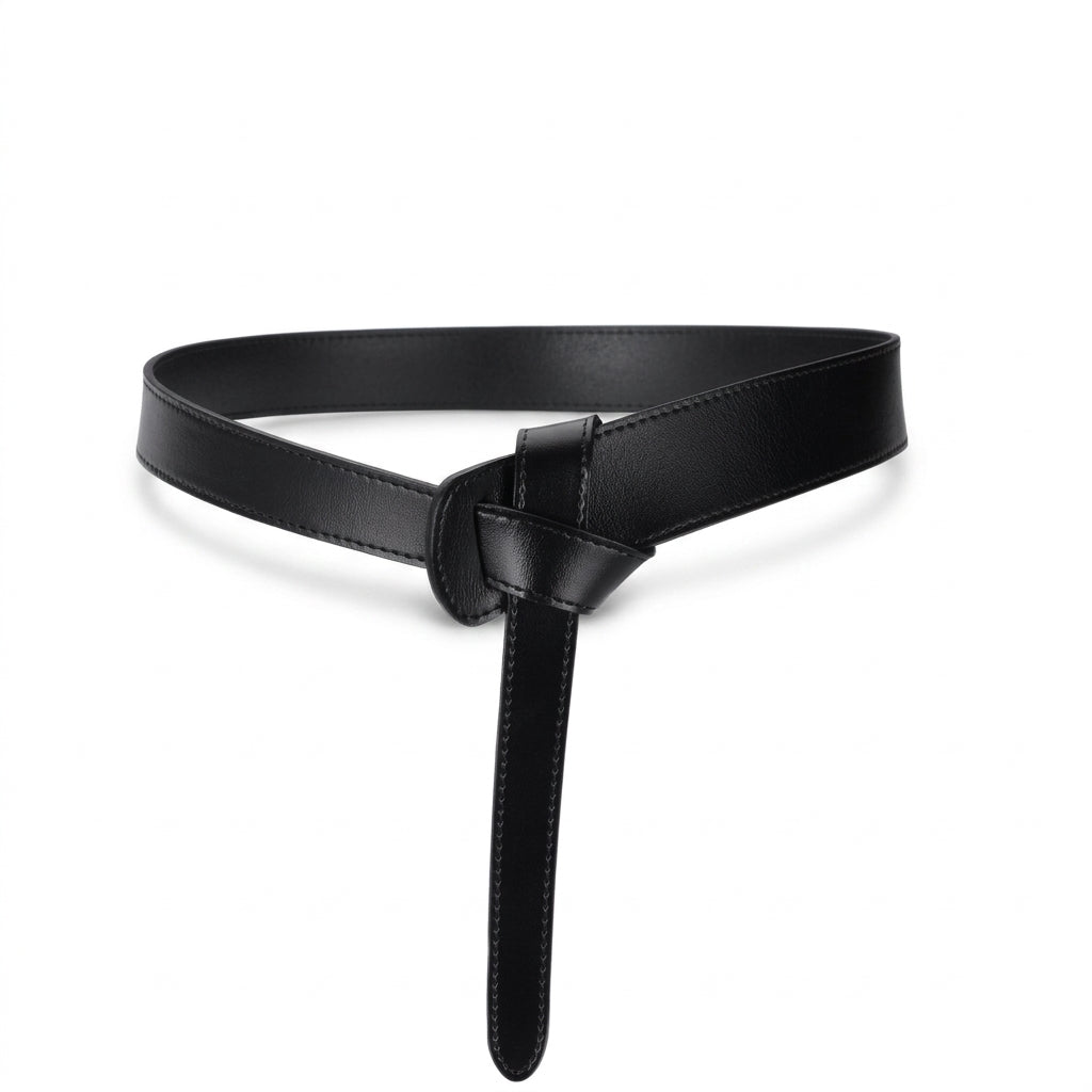 Ceinture femme Varenne en cuir de vachette noir lisse avec système de nouage sans boucle pour un style ajustable et minimaliste
