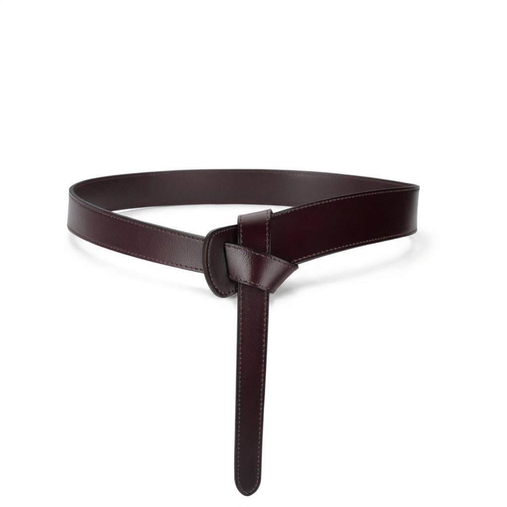 Ceinture femme Varenne en cuir de vachette marron foncé lisse, design minimaliste à nouer sans boucle avec passant façon corset pour un ajustement sur mesure.