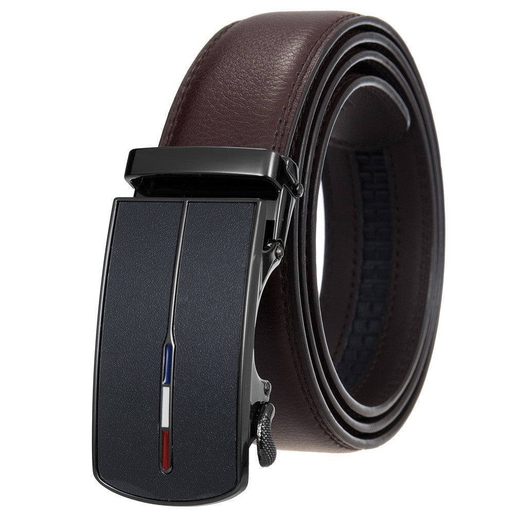 Ceinture homme Vaugirard 20 marron avec boucle automatique rectangulaire noire et détails tricolores