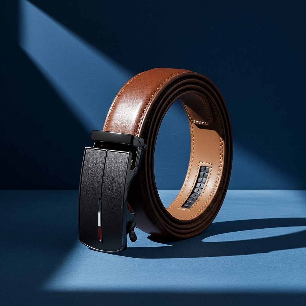 Ceinture Vaugirard 95 en cuir marron avec boucle automatique rectangulaire noire et détails tricolores, sur fond bleu #fullwidth