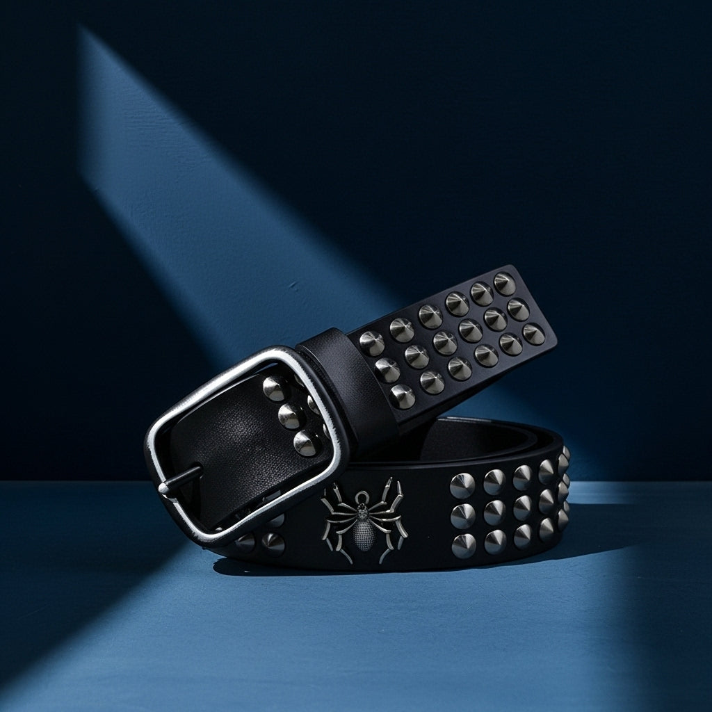 Ceinture Vaurien pour homme en cuir noir clouté avec boucle ardillon rectangulaire argentée et motif araignée brodé, style punk et rock. #fullwidth