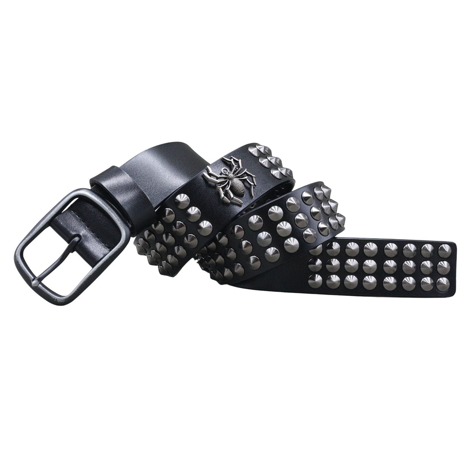 Ceinture Vaurien noire pour homme ornée de clous argentés et d'un motif araignée métallique, boucle ardillon rectangulaire. #fullwidth