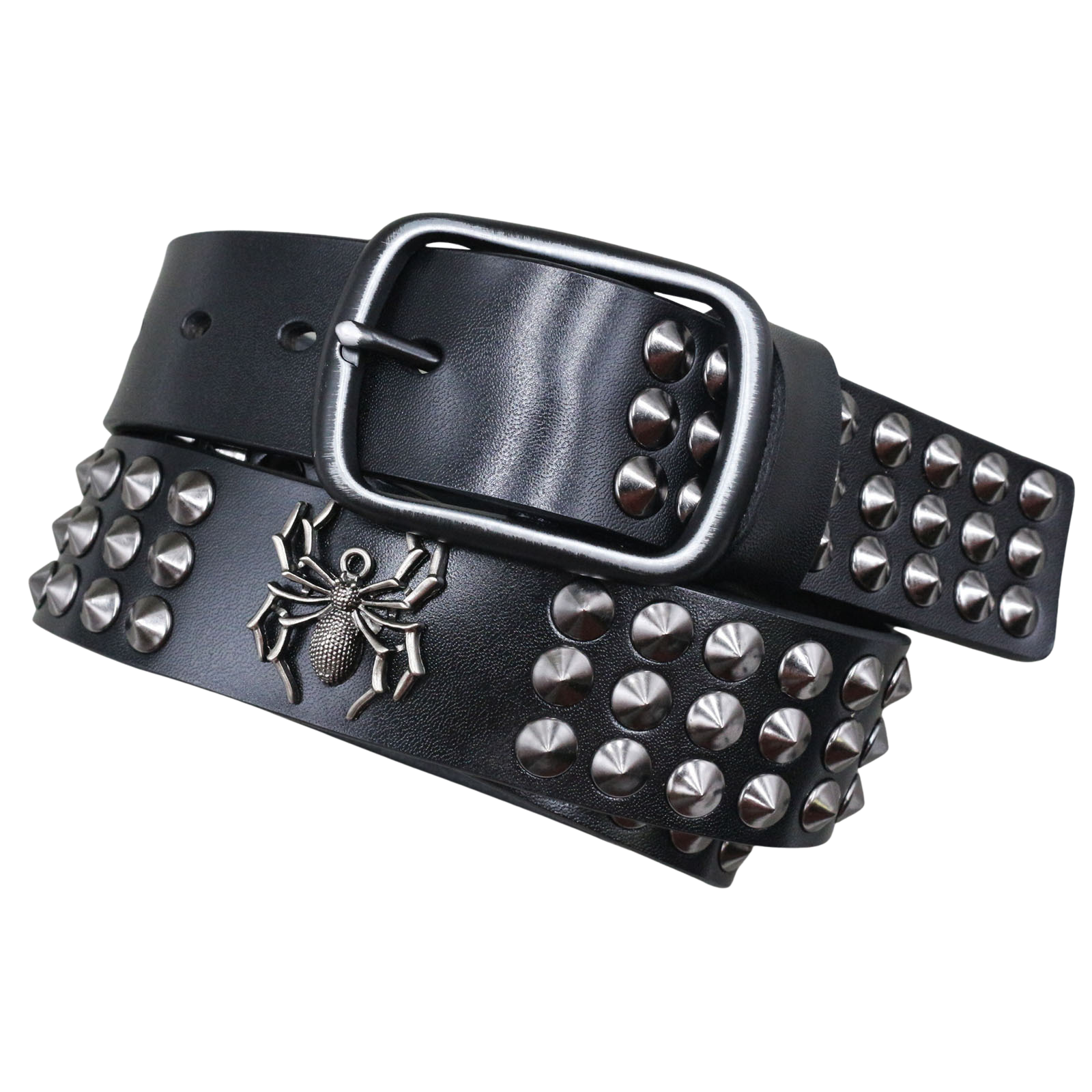 Ceinture Vaurien pour homme en cuir noir avec clous argentés et un motif araignée décoratif, boucle rectangulaire argentée. #fullwidth