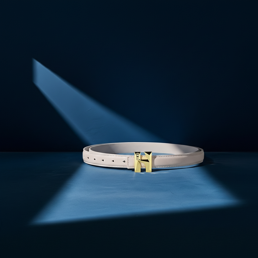 Ceinture Vénusté en cuir blanc cassé pour femme, avec une boucle dorée en forme de H. #fullwidth